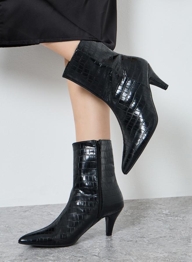 Styli Women Black Croc-Embossed Ankle Boots - Image 1